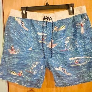 Scotch & Soda Blue and White Swim Trunks with Surf Motifs